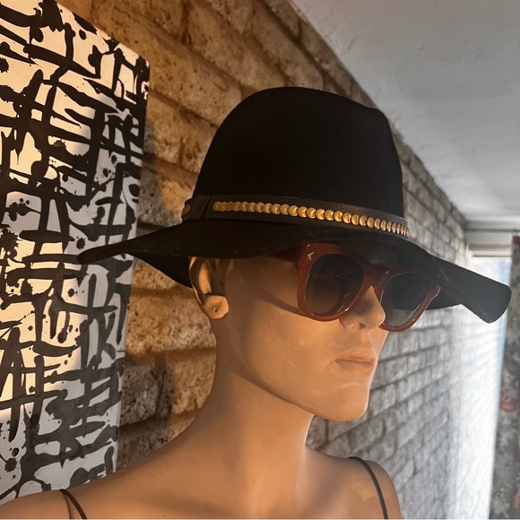 All Saints Black Wide Brim Fedora with Gold Chain Detail - Picture 3 of 5